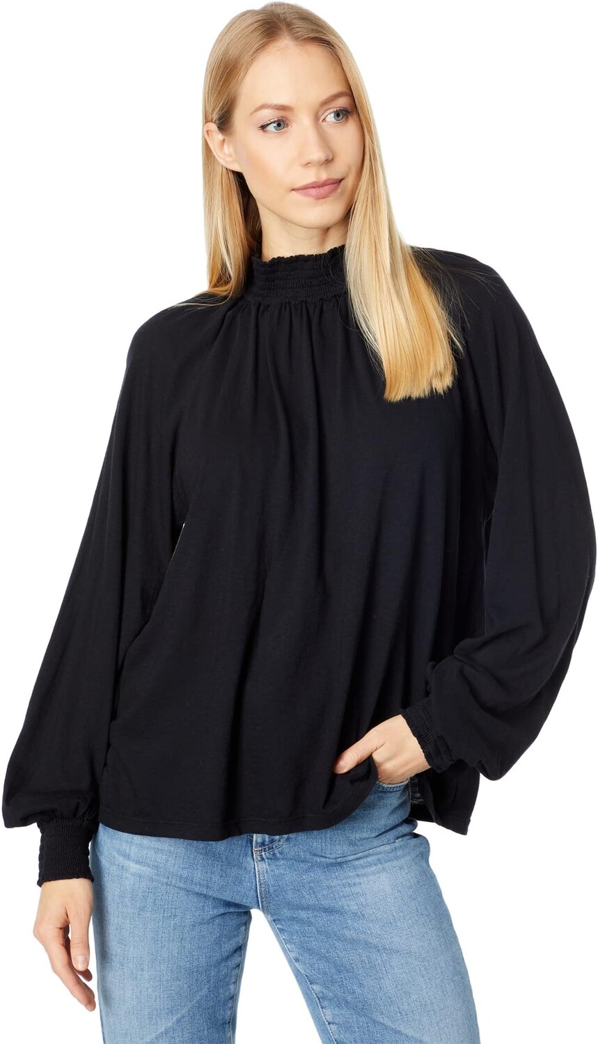 Топ SUNDRY Smock Neck Puff Raglan Sleeve Top in Pima Cotton, черный