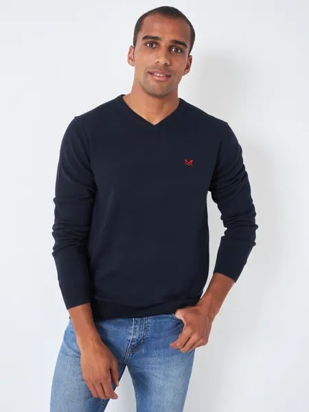 Хлопковый джемпер с V-образным вырезом Crew Clothing, темно-синий