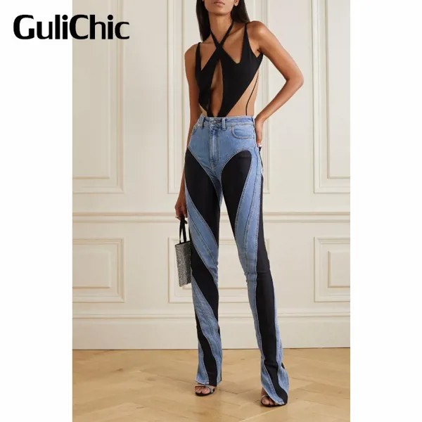 Женские хлопковые джинсы-клеш GuliChic, повседневные облегающие лоскутные джинсы контрастных цветов с разрезом, 8,25