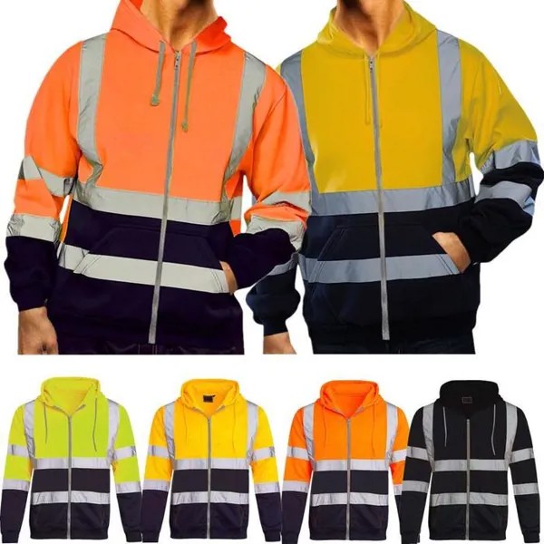 Привет Viz Высокая видимость работа куртка пальто Mens отражающей безопасности Sweatshirt капюшоном пальто
