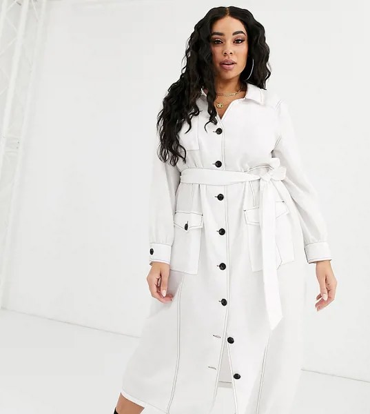 Платье-рубашка миди с контрастными строчками ASOS DESIGN Curve-Белый