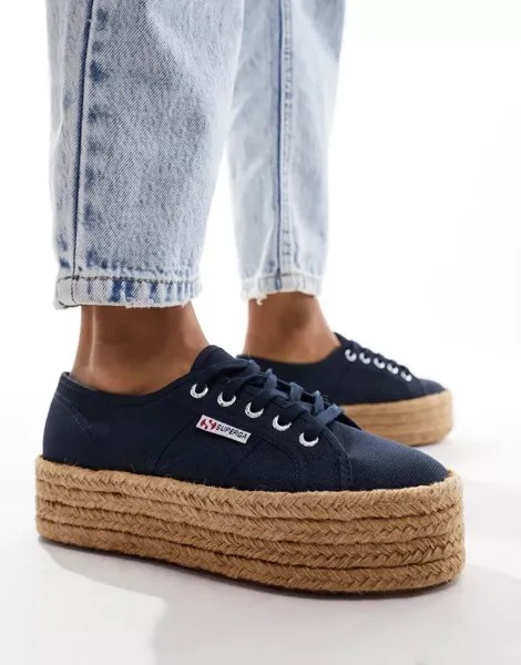 Кроссовки Superga темно-синего цвета с плоской подошвой на платформе, напоминающей веревку