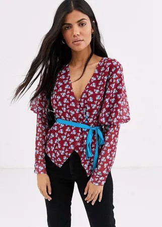 Блузка с цветочным принтом и контрастной завязкой Lost Ink-Мульти