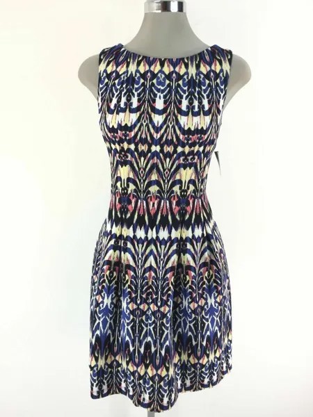 Taylor NEW Modern Blue MULTI Плиссированная юбка-клеш с абстрактным принтом Платье, размер 12