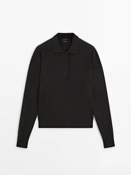 Вязаный кашемировый свитер с воротником-поло Massimo Dutti, черный