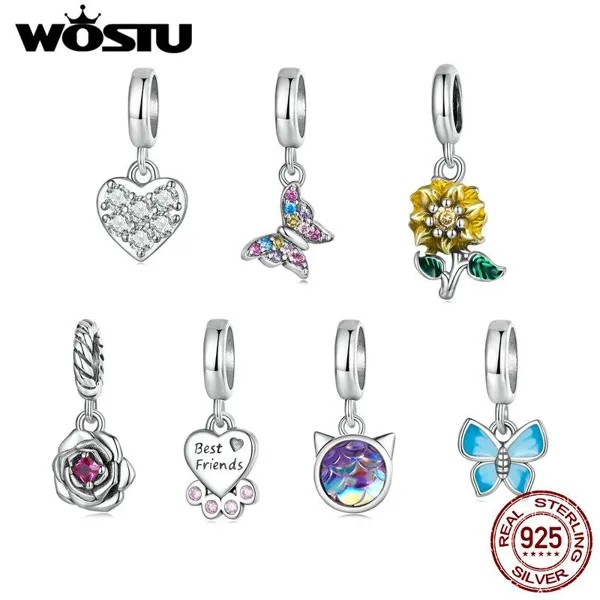 WOSTU Мода Подсолнечник Шармы Бусины Настоящий 925 стерлингового серебра Бабочка Роза Pendent Fit Оригинальный DIY Браслет Ожерелье Ювелирные изделия