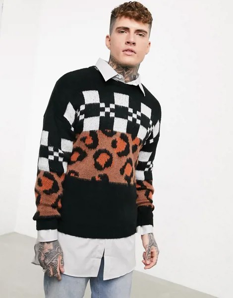 Фактурный трикотажный джемпер с узором в клетку и леопардовым рисунком ASOS DESIGN-Neutral