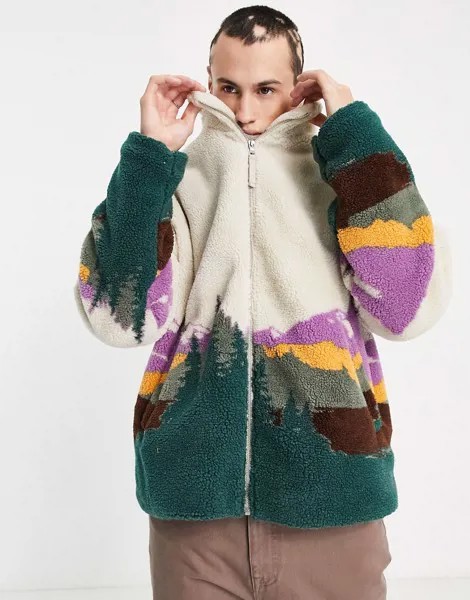 Куртка авиатор в стиле oversized из искусственного меха с пейзажным принтом ASOS DESIGN-Серый