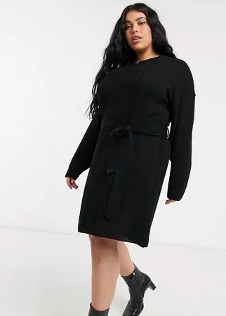 Черное платье-джемпер мини с длинными рукавами и завязками на талии Glamorous Curve-Черный цвет