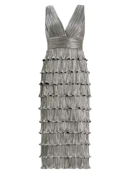 Плиссированное платье-миди с металлизированными оборками Zac Posen, цвет silver