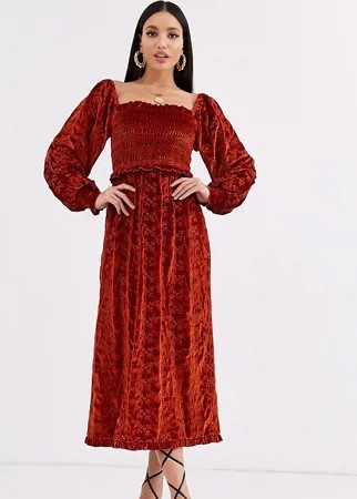 Бархатное присборенное платье миди рыжего цвета с вышивкой ришелье ASOS DESIGN Tall-Красный