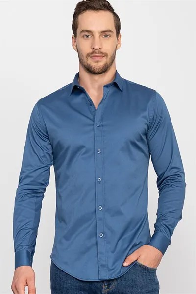 Мужская синяя рубашка Slim Fit из лайкры и хлопка, атласа TUDORS, синий