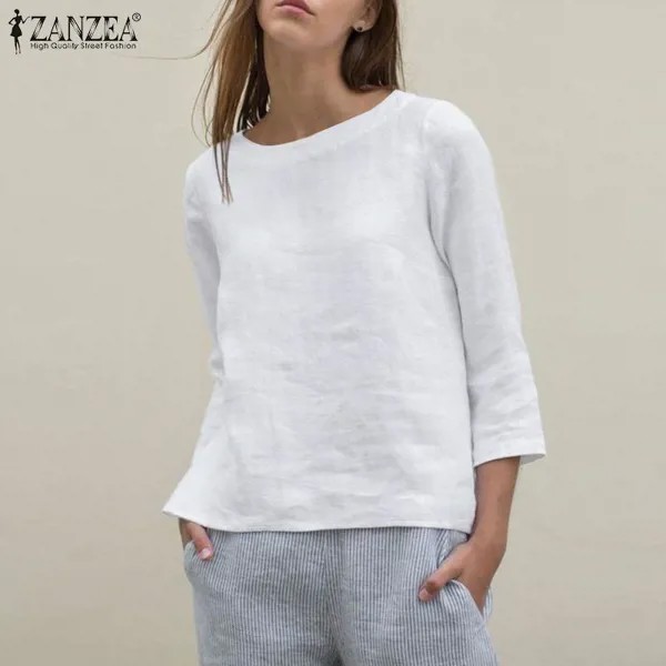 ZANZEA Женская повседневная O-образный вырез 3/4 рукава хлопчатобумажная летняя футболка