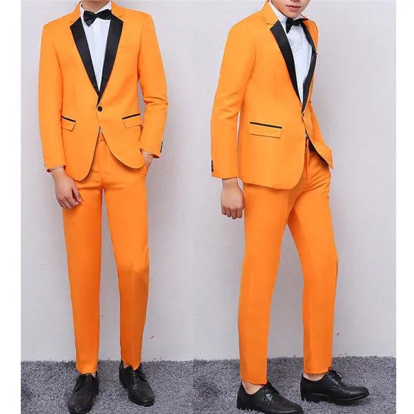 Индивидуальный пошив, оранжевые смокинги для жениха, мужские костюмы с черным лацканом, 2 предмета, свадебное мужское платье (пиджак + брюки)
