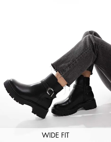 Черные ботильоны London Rebel Wide Fit – Billie – с пряжкой и толстой подошвой