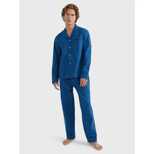 Пижама TOMMY HILFIGER, брюки, рубашка, пояс на резинке, трикотажная, размер L / 180 см (рост), синий