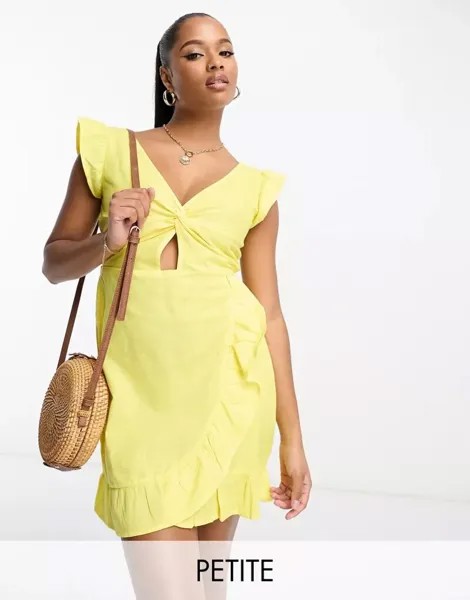 Желтое мини-платье River Island с детальным вырезом и рукавами с рюшами