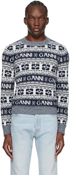 Темно-синий и белый свитер с круглым вырезом Ganni