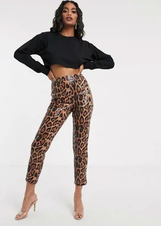 Коричневые укороченные брюки из искусственной кожи с леопардовым принтом Missguided-Многоцветный