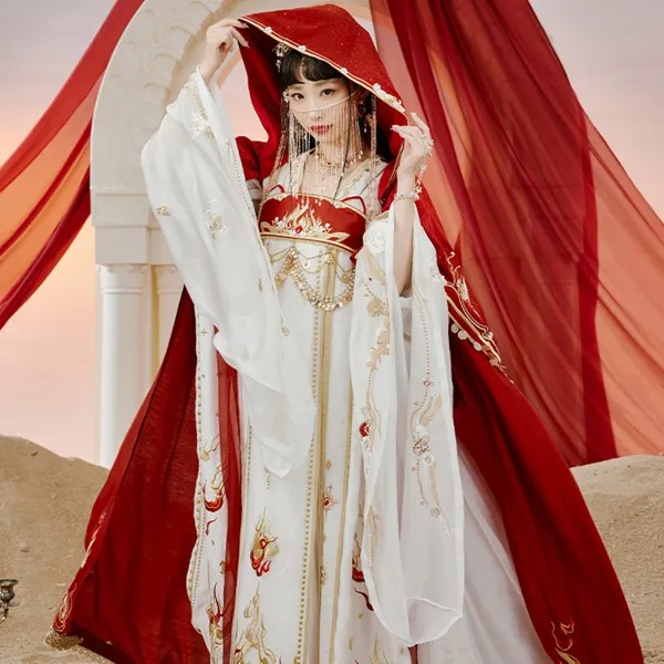 Новинка, традиционное китайское Классическое женское платье Hanfu для взрослых, белые топы с большим рукавом, красная накидка Hanfu DQL7254