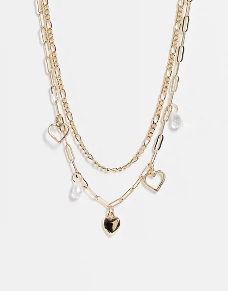 Золотистое многоярусное ожерелье-чокер с подвесками в виде сердечек и жемчужин Topshop-Золотистый