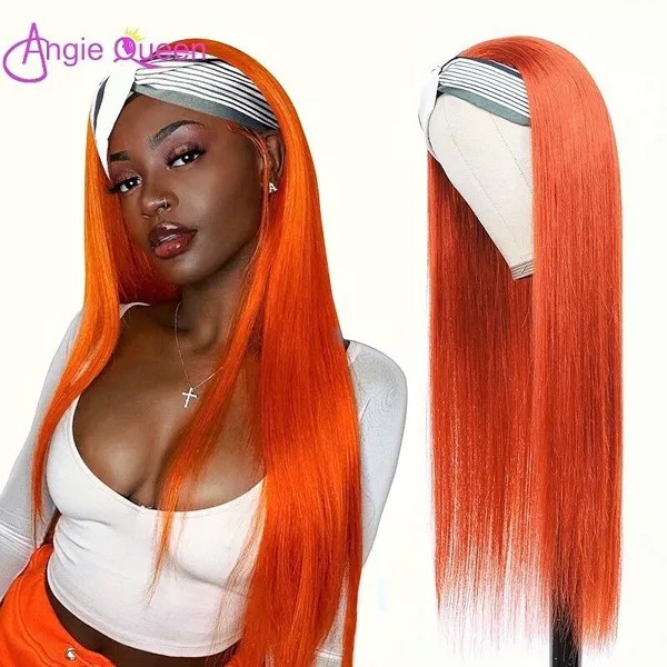 Прямые волосы ANGIE QUEEN, повязка на голову, парик, парики из человеческих волос оранжевого цвета для черных женщин, без клея, плотность 180%, бразильские волосы Remy