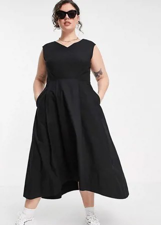 Черное плиссированное платье миди с глубоким V-образным вырезом Closet London Plus-Черный цвет