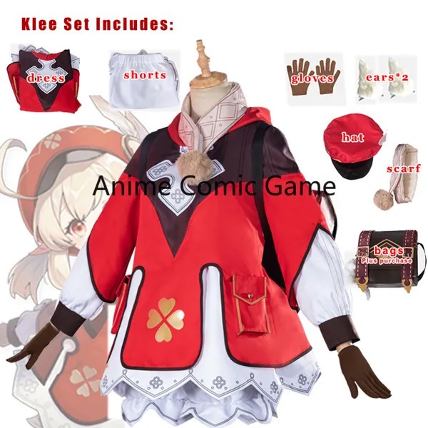Аниме игра Genshin Klee Косплей One Piece Bag Шапка очки перчатки Шарф шорты костюмы игры для девочек проект воздействия