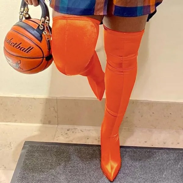 Сапоги-чулки на высоком каблуке женские, ботфорты выше колена, пикантные, оранжевые, розовые, 2022