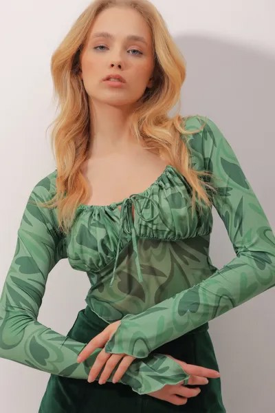 Женская зеленая укороченная блузка песочного цвета из тюля с воротником на талии и детальным цифровым рисунком ALC-X9872 Trend Alaçatı Stili, зеленый