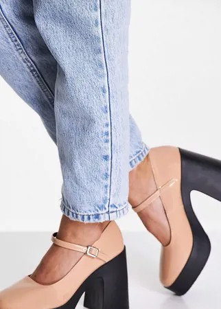 Бежевые туфли в стиле «Мэри Джейн» на платформе и каблуке ASOS DESIGN Wide Fit Penny-Светло-бежевый цвет