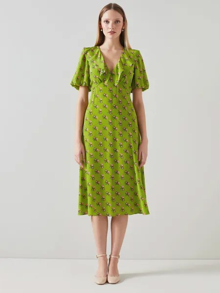 LKBennett Edeline Шелковое платье с цветочным принтом, салатовый