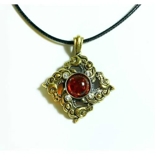 Колье, фианит, янтарь, черный, серебряный, коричневый, золотой