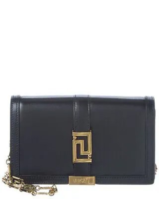 Кожаный мини-кошелек Versace Greca на цепочке женский черный