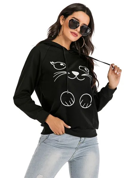 Milanoo Women Hoodie Black Long Sleeves Printed Polyester Winter Hooded Sweatshirt