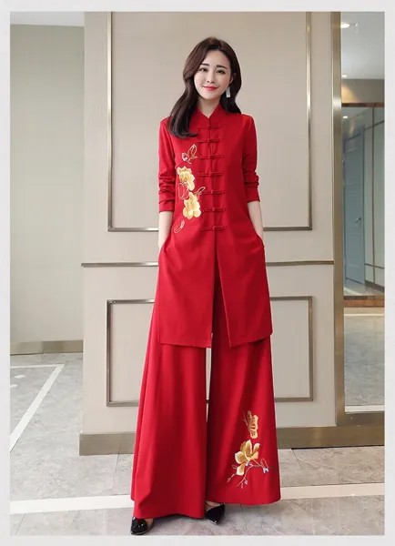 Новый весенний Китайский ретро-костюм большого размера с вышивкой, длинная куртка и длинные брюки, комплект для женщин