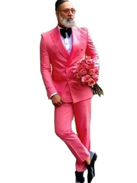 Классический стиль, двубортные ярко-розовые смокинги для жениха с пиковым лацканом, мужские блейзеры, костюмы (пиджак + брюки + галстук)