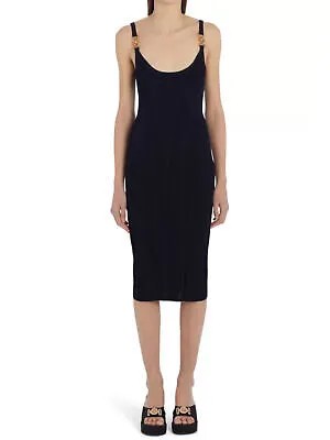 VERSACE Женское черное текстурированное вечернее платье-футляр миди без рукавов с круглым вырезом 40