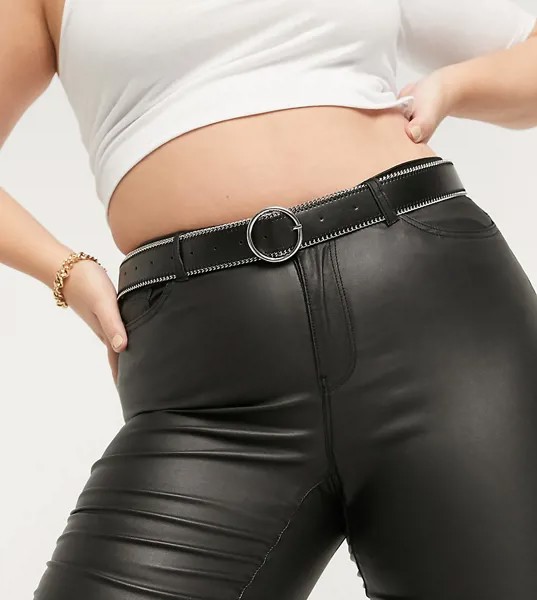 Черный джинсовый ремень с отделкой серебристой цепочкой по краю и с круглой пряжкой ASOS DESIGN Curve