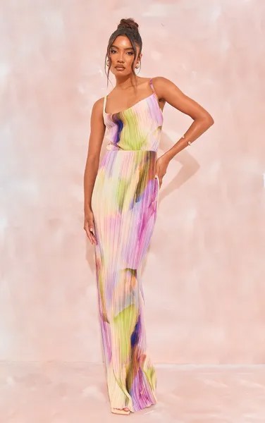 PrettyLittleThing Высокое фиолетовое платье макси с плиссированными бретелями и акварельным принтом