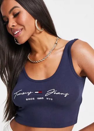 Темно-синий топ-майка с овальным вырезом и логотипом-подписью Tommy Jeans