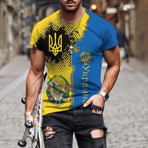 Лето Украина Флаг Эмблема Мужская 3D-печать Футболка Мода Ретро Харадзюку Круглая шея Повседневная личность Свободный Оверсайз