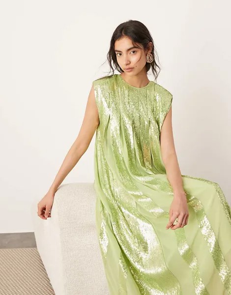 Зеленое плиссированное платье макси с пайетками ASOS EDITION