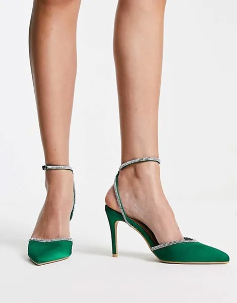 Ярко-зеленые туфли New Look на среднем каблуке из атласа и бриллиантов с ремешком на щиколотке