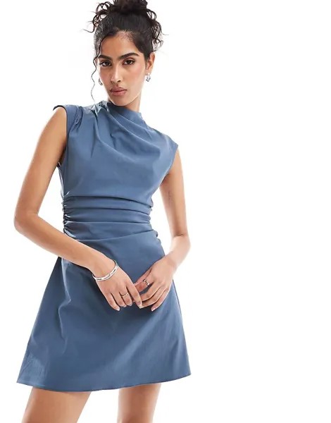 ASOS DESIGN – Голубое бенгальское джинсовое мини-платье без рукавов с высоким воротником и рюшами