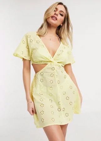Желтый пляжный сарафан мини с вышивкой ришелье ASOS DESIGN