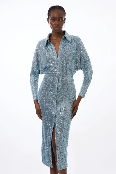 Платье макси-рубашка с пайетками из эластичного джерси высокого роста Karen Millen, синий