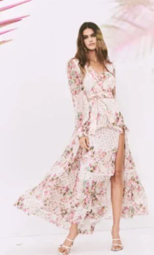 Платье макси с длинным рукавом и металлическим кружевом в стиле рококо Sand Vie с разрезом и розовым цветочным принтом M