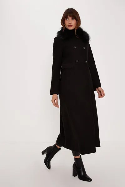 Двубортное пальто с меховым воротником макси-длины Oasis, черный