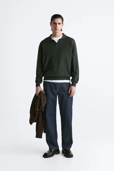 Шерстяной вязаный свитер-поло ZARA, зеленый